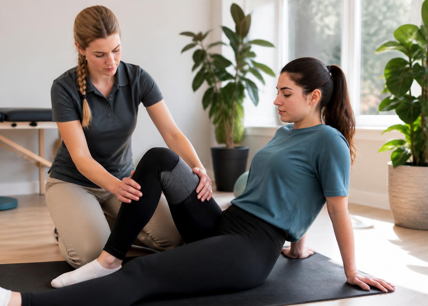 Fisioterapeuta acompanhando exercício de reabilitação de paciente